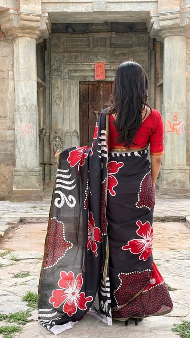 Black Hand Block Printed Cotton MulMul Saree with Matching Unstitched Blouse - slide 0