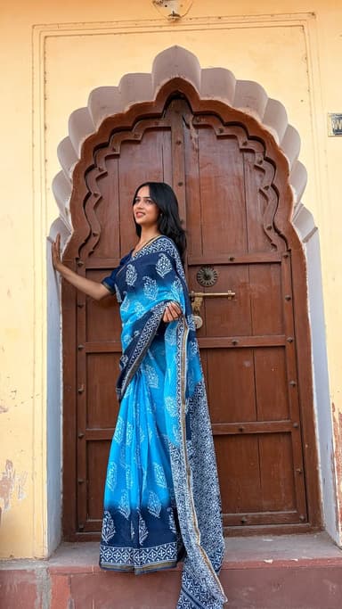 Blue Hand Block Printed Cotton MulMul Saree with Matching Unstitched Blouse - slide 0