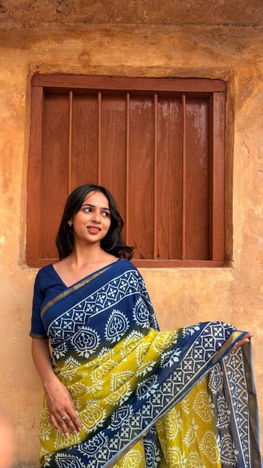 Blue Hand Block Printed Cotton MulMul Saree with Matching Unstitched Blouse - slide 0