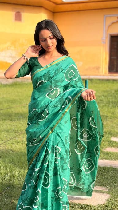 Green Hand Block Printed Cotton MulMul Saree with Matching Unstitched Blouse - slide 0