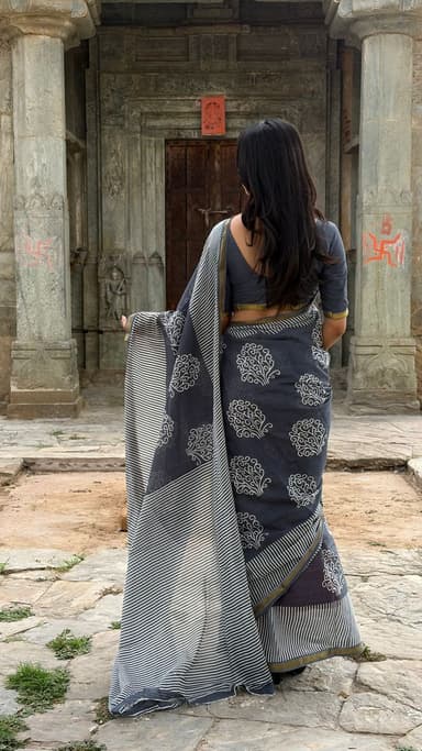Grey Hand Block Printed Cotton MulMul Saree with Matching Unstitched Blouse - slide 0