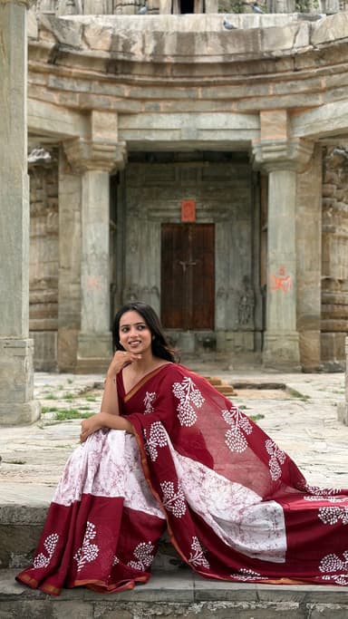 Maroon Hand Block Printed Cotton MulMul Saree with Matching Unstitched Blouse - slide 0