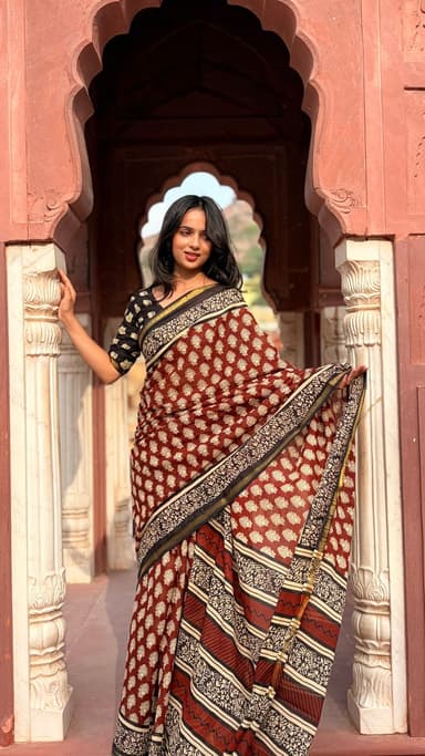 Maroon Hand Block Printed Cotton MulMul Saree with Matching Unstitched Blouse - slide 0