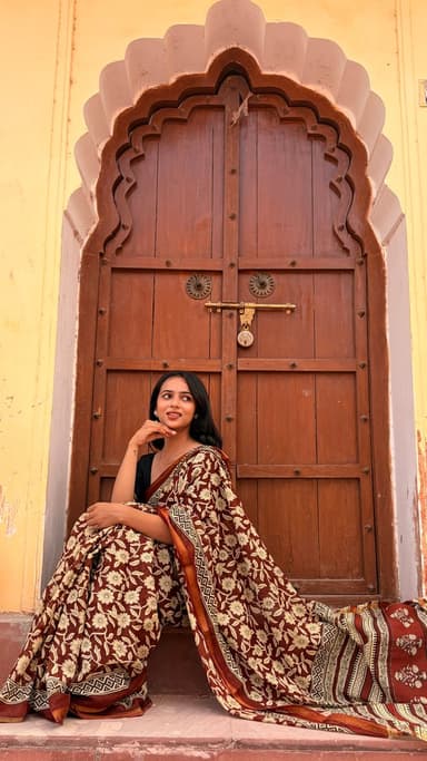 Multicolour Hand Block Printed Cotton MulMul Saree with Matching Unstitched Blouse - slide 0
