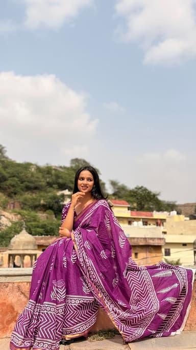 Purple Hand Block Printed Cotton MulMul Saree with Matching Unstitched Blouse - slide 0