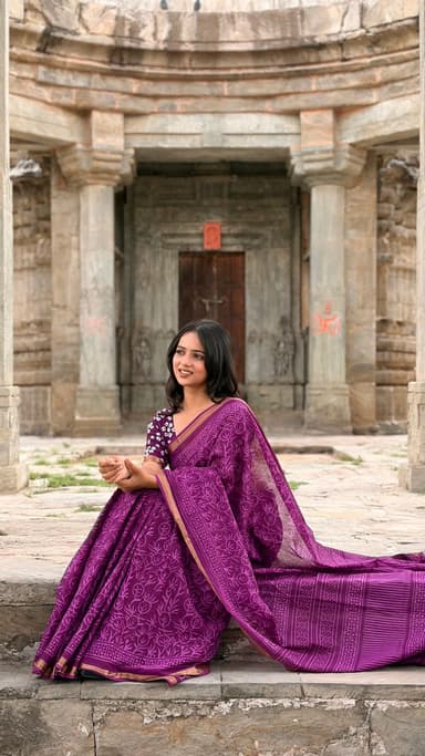 Purple Hand Block Printed Cotton MulMul Saree with Matching Unstitched Blouse - slide 0