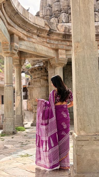 Purple Hand Block Printed Cotton MulMul Saree with Matching Unstitched Blouse - slide 0